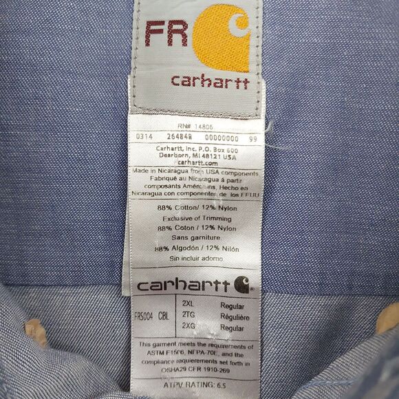 Carhartt Flame Resistant Shirt Mens 2XL Blue Button Up Long Sleeve Work Durable - Picture 10 of 11